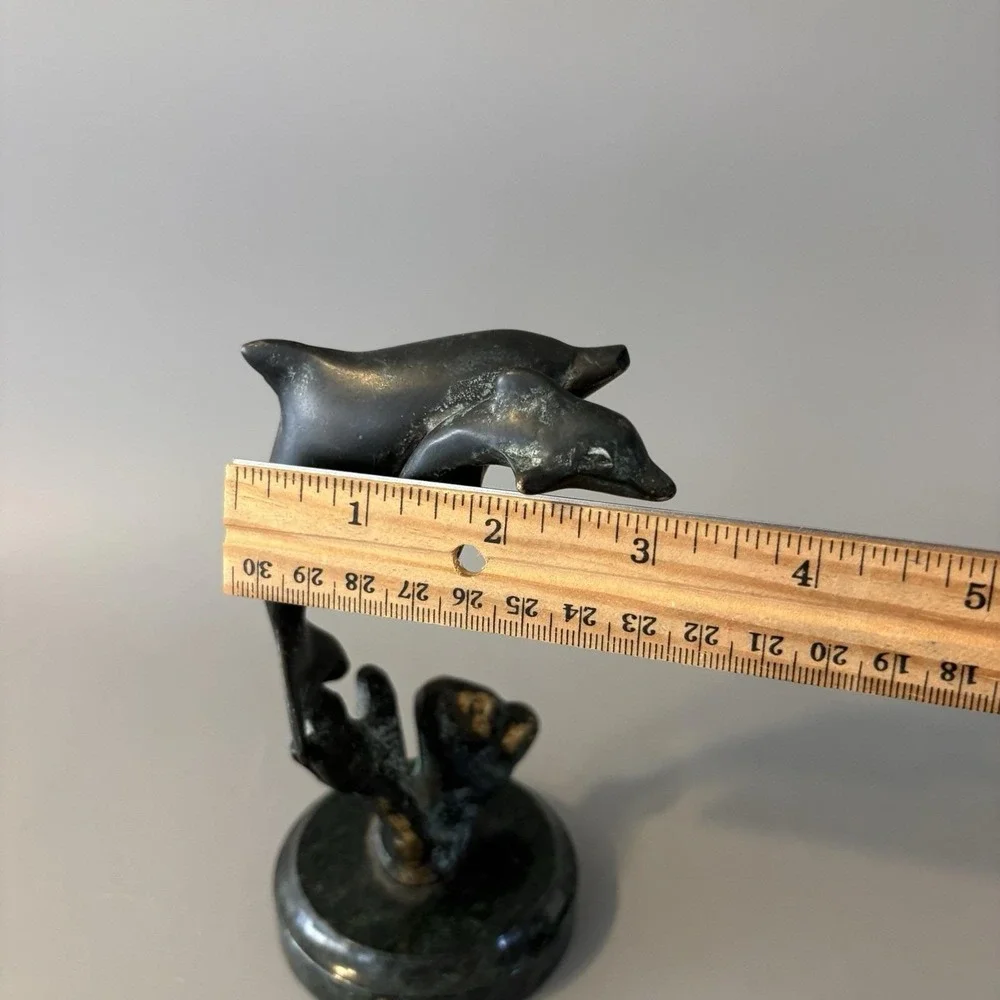 Vintage Verdigris Brass Dolphins Statue Verdigris Marble Base 6